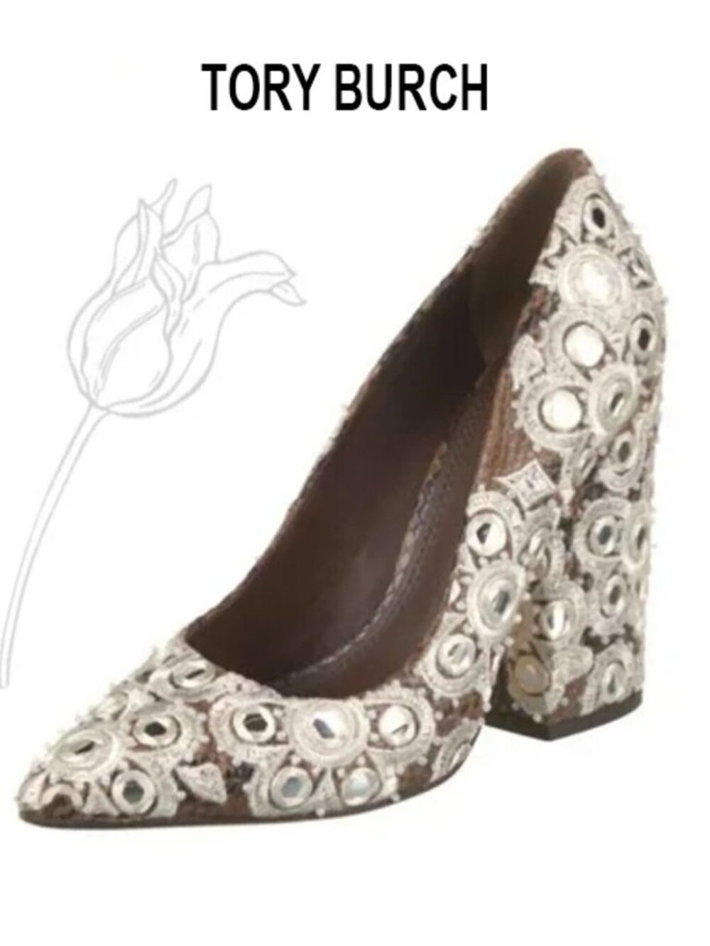 Tory Burch Francesca Pointy Toe Lacey Snake Print Block Heel Pump